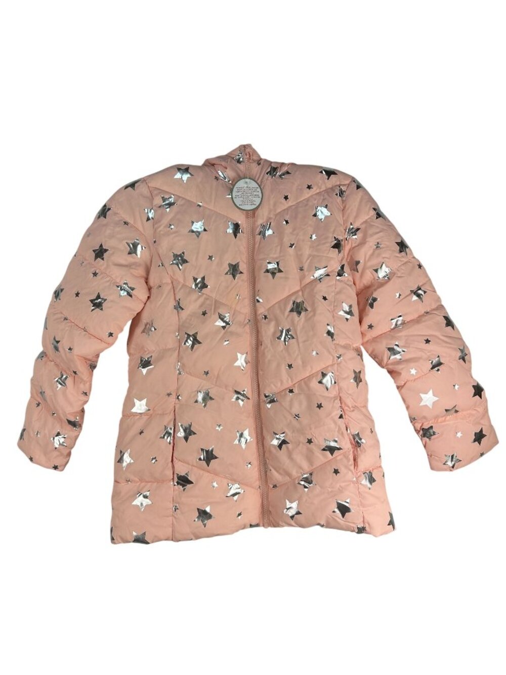 Swiss Tech Girls XL Winter Coat Metallic Stars Peach Pink Hooded Puffer Jacket